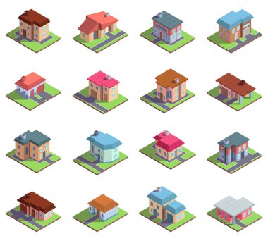Isometric 3d modern banliyö ya da şehir evleri. Kır evleri ya da kasaba evleri vektör illüstrasyon seti. Banliyö yazlık binaları