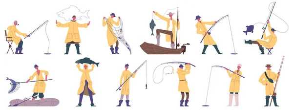 Des pêcheurs. Sport de pêche en plein air, loisirs de loisir, bateau ou pêche côtière personnages de pêcheurs vectoriels jeu d'illustration. Mascottes de pêcheurs à la caricature — Image vectorielle