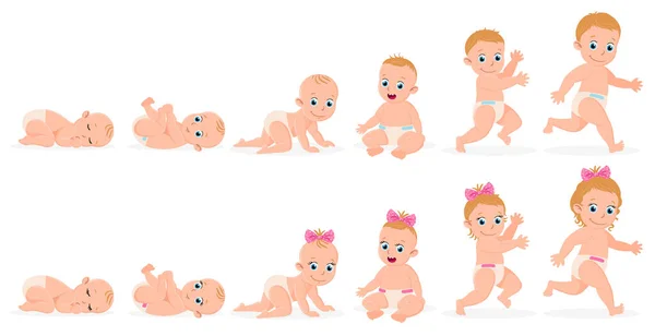 Primeiro ano da linha do tempo do bebé. Menino e menina primeiro ano de desenvolvimento do recém-nascido para a ilustração do vetor da criança. Bonito bebê mês estágios desenvolvimento —  Vetores de Stock
