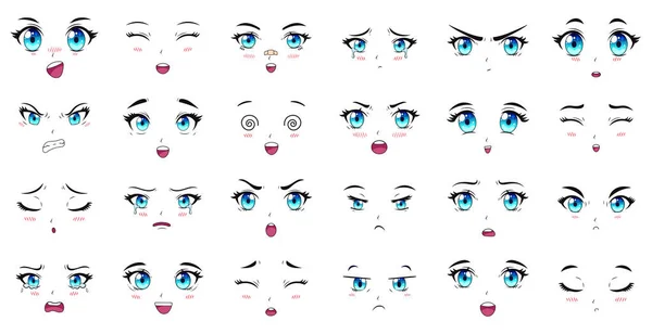 Personajes de anime de dibujos animados ojos, cejas y expresiones de la boca. Manga personajes femeninos caras vector ilustración conjunto. Anime manga niñas expresiones — Vector de stock