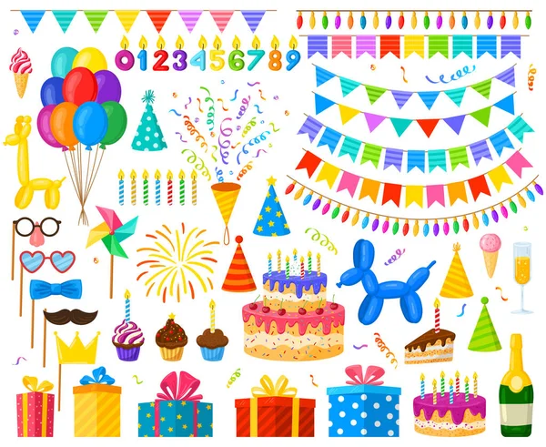 Dibujos animados fiesta de cumpleaños globos de celebración, pastel y regalos. Decoraciones de fiesta de carnaval, dulces y velas conjunto de ilustración vectorial. Elementos de celebración de cumpleaños — Vector de stock