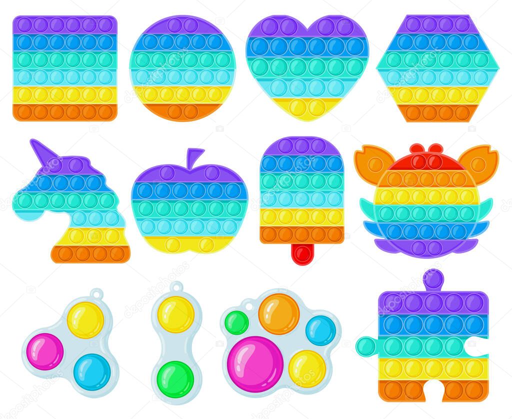 Antistress pop it and simple dimple toys. Trendy fidget children toys, sensory and color learning for kids vector illustration set. Silicone bubbles toys