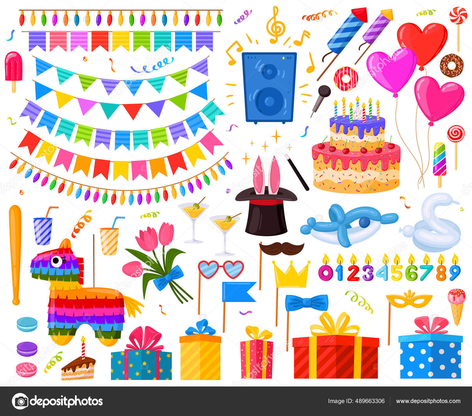 Joyeux anniversaire surprise fête dessins animés cadeaux et bonbons.  Coffret anniversaire gâteau, cadeaux et illustration vectorielle pinata.  Symboles de fête d'anniversaire Vecteur par ©winwin.artlab@gmail.com  489663306