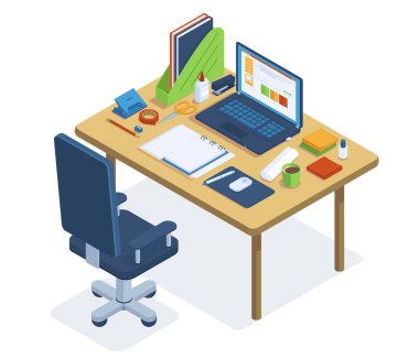 Isometric ofis çalışma alanı. Serbest veya birlikte çalışan ofis masası, dizüstü bilgisayar, ofis sandalyesi ve kırtasiye araçları vektör illüstrasyon seti. Ofis 3D işyeri
