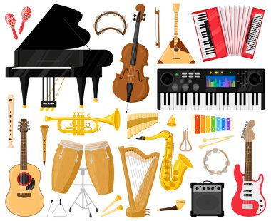 Müzik aletleri. Çizgi film müzik enstrümanları, piyano, davul, arp ve sentezleyici vektör sembolleri. Orkestra veya klasik müzik enstrümanı