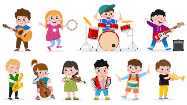 Çocuklar müzik enstrümanları çalıyor. Çocuk müzik grubu, kızlar ve oğlanlar davul, gitar ve keman vektör illüstrasyonu seti çalıyorlar. Çocuklar müzik orkestrası
