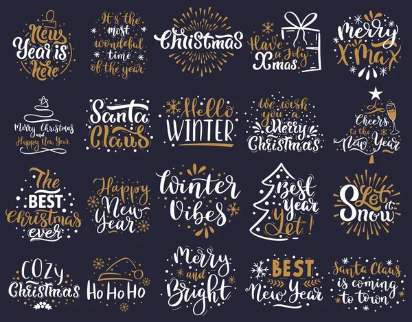Vánoční nápisy. Šťastný Nový rok a Veselé Vánoce pozdrav písmena fráze vektorové ilustrační set. Ručně kreslené vánoční odznaky — Stockový vektor
