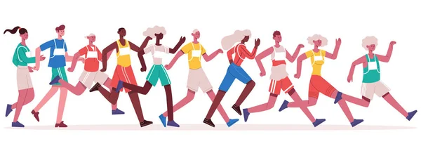 Marathon berjalan orang. Jogging kelompok atlet, berlari laki-laki dan perempuan vektor terisolasi ilustrasi. Kompetisi balap maraton - Stok Vektor