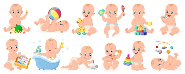 Грати немовлят. Милий немовля хлопчик або дівчинка грають з м'ячем, пірамідою та човном ізольовані Векторний набір ілюстрацій. Весела дитяча активність — стоковий вектор