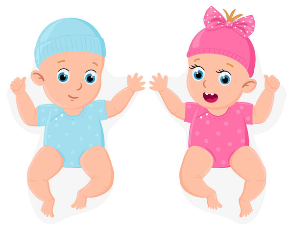 Newborn girl and boy. Cute little male and female babies, blue or pink baby shower symbols isolated vector illustration. Little baby boy and girl