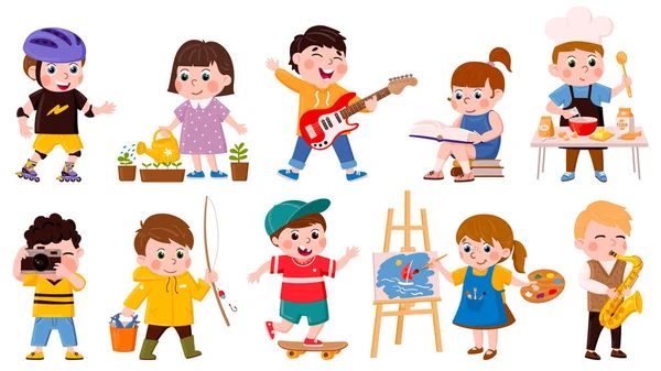 Un hobby per bambini. Scuola del fumetto o bambini in età prescolare cucinare, leggere, disegnare e riprodurre musica, hobby creativi set illustrazione vettoriale. Hobby per bambini attivi — Vettoriale Stock