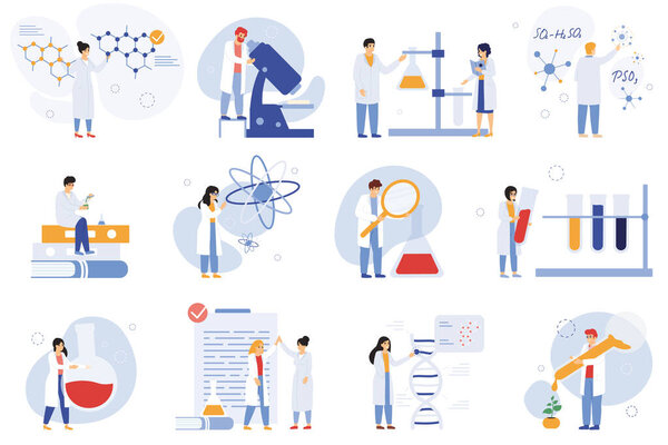Персонажи ученых. Химические исследователи, биологи или лаборанты, медицинские работники науки векторные иллюстрации набор. Научные персонажи