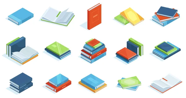 Isometrische bibliotheekboeken. Schoolonderwijs leerboeken, encyclopedie of wetenschappelijke literatuur vector illustratie set. Boekhandel 3d isometrische boeken — Stockvector