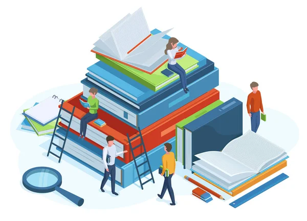 Concepto de libros isométricos. Leyendo a la gente en gran pila 3d de libros, personajes masculinos y femeninos leen libros ilustración vectorial. Biblioteca concepto isométrico — Vector de stock