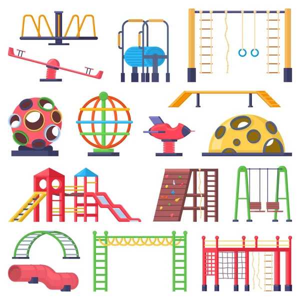 Gyerekek szabadtéri létrák, körhinta és hinta játszótér elemek. Gyermek szórakoztató park domb, dia, egyensúly berendezés vektor illusztráció készlet. Játszótéri elemek — Stock Vector