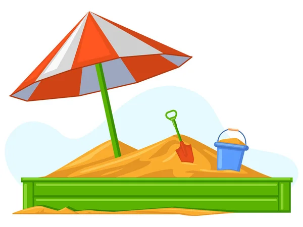 Cartoon crianças verão ao ar livre sandbox jogos equipamentos. Areia, balde e pá crianças entretenimento jogos vetor ilustração. Parque infantil Sandbox —  Vetores de Stock