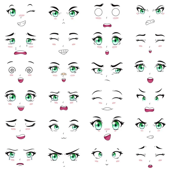 Anime personnages féminins expressions faciales kawaii. Manga femme bouche, yeux et sourcils vecteur illustration ensemble. dessins animés anime filles émotions — Image vectorielle