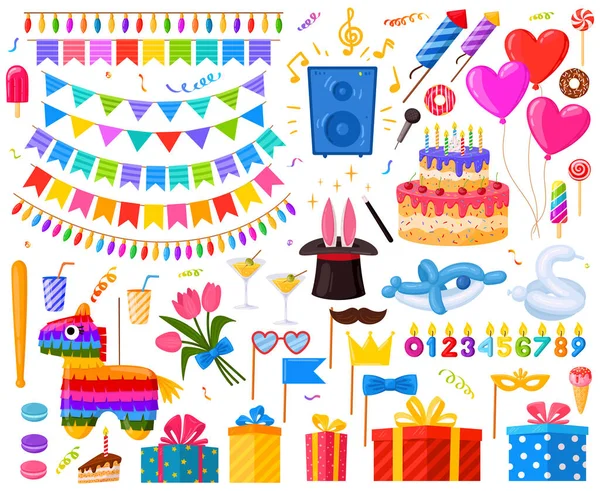 Joyeux anniversaire surprise fête dessins animés cadeaux et bonbons. Coffret anniversaire gâteau, cadeaux et illustration vectorielle pinata. Symboles de fête d'anniversaire — Image vectorielle