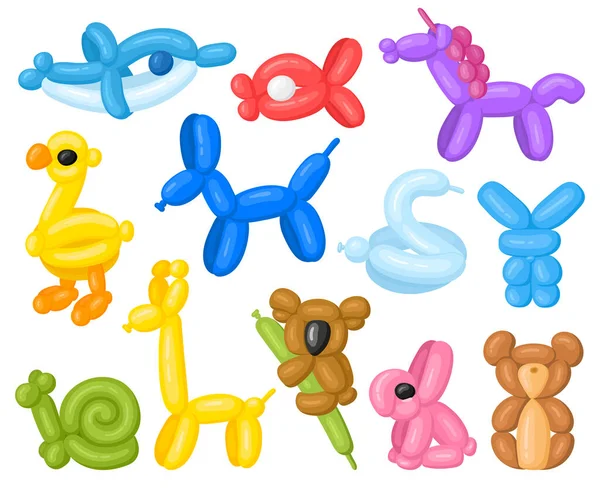 卡通动物形状氦气可爱的生日气球。儿童派对独角兽、考拉和海豚气球病媒图集。动物形状的气球 — 图库矢量图片
