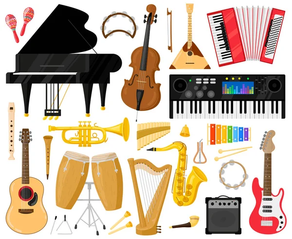 Instrumentos musicales. Instrumentos de banda de música de dibujos animados, piano, batería, arpa y sintetizador conjunto de símbolos vectoriales. Orquesta o instrumento de música clásica — Vector de stock