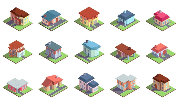 Moderna isometriska villabyggnader på landet. Privat egendom, radhus byggnader vektor illustration set. Lantligt bekväma hus — Stock vektor
