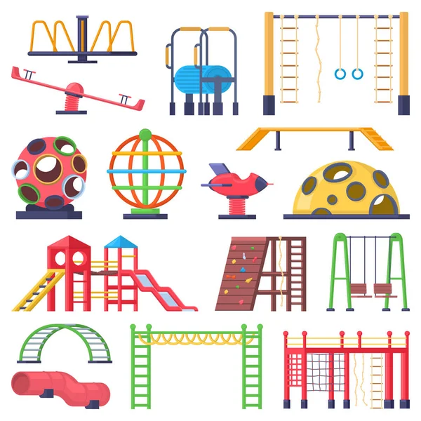 Kids outdoor ladders, carousel and swing playground elements. Children fun park hill, slide, balance equipment vector illustration set. Playground elements — Stock Vector