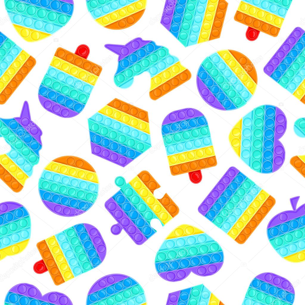 Pop it seamless pattern. Antistress pop it silicone bubbles toys texture, sensory rainbow vector background illustration. Silicone antistress toys backdrop