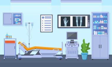 Tıbbi terapi hastanesinin sağlık ekipmanları odasının içi. Yoğun terapi odası, klinik ekipman iç mekan çizimi. Hastane acil servisi.