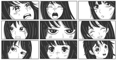 Manga kawaii, Asyalı anime kız karakterlerini ifade eder. Anime şirin kadın çizgi romanları, vektör illüstrasyon seti. Japon çizgi roman çizgi romanı