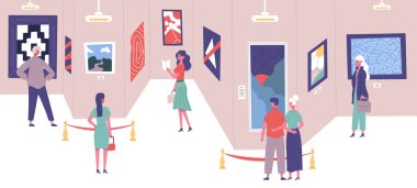 İnsanlar klasik sanat galerisi resim sergisine hayran. Sanat galerisi gezisi ziyaretçi vektör illüstrasyonu. Erkekler ve kadınlar kültür eğitimi