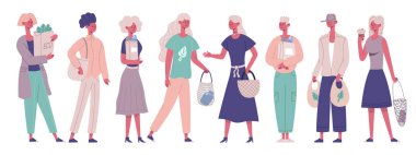 Çevresel alışveriş torbaları taşıyan sıfır atık karakter. Eko market alışverişi erkek ve kadın karakterler vektör illüstrasyonu seti. İnsanlar sıfır atık çevre torbası kullanıyor
