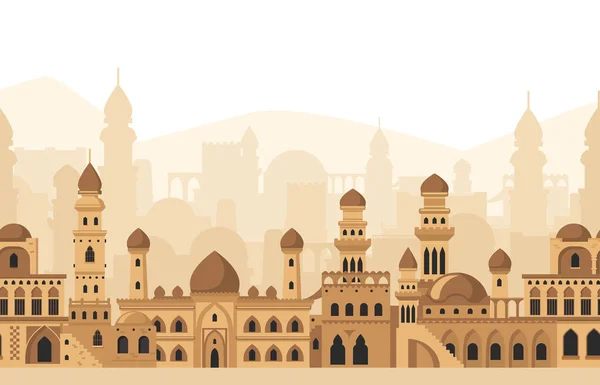 Ciudad árabe tradicional mezquita edificios siluetas vista panorámica. Ilustración del vector de paisaje de arquitectura islámica. Paisaje urbano tradicional de ladrillo de barro árabe — Vector de stock