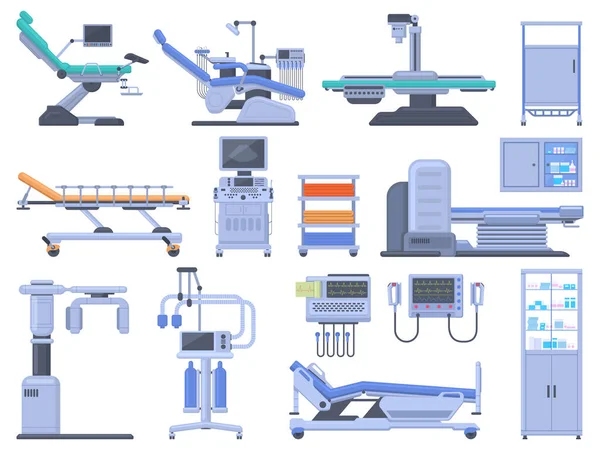 Комплект медицинского диагностического оборудования клиники здравоохранения. Сканер МРТ, набор векторных иллюстраций для стоматолога. Медицинское диагностическое оборудование — стоковый вектор