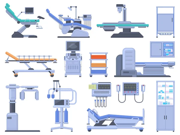 Apparaten voor medische diagnostiek in ziekenhuizen voor gezondheidszorg. Medische controle MRI scanner, tandarts stoel vector illustratie set. Apparatuur voor diagnostiek van de gezondheidszorg — Stockvector