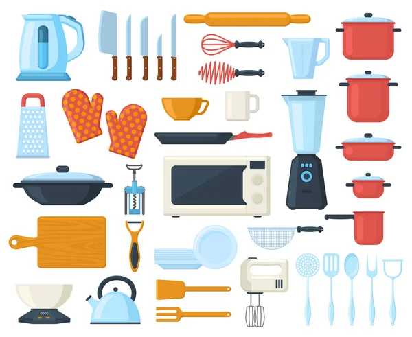 Кухонне приладдя для приготування кулінарних столових приборів, інструментів, елементів посуду. Посуд, кухонні інструменти та посуд Векторний набір ілюстрацій. Елементи кухонного начиння — стоковий вектор