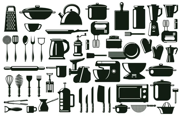 Cubiertos de cocina, utensilios y utensilios de cocina elementos de silueta. Vajilla, herramientas culinarias monocromas conjunto de símbolos vectoriales. Utensilios de cocina siluetas de cocina — Vector de stock