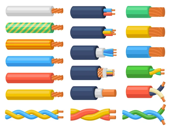 Cabos de fios de fonte de alimentação de núcleo de cobre elétrico. Fios de cabo elétrico, conjunto de ilustração de vetor de equipamento elétrico flexível. Hardware cabo elétrico — Vetor de Stock