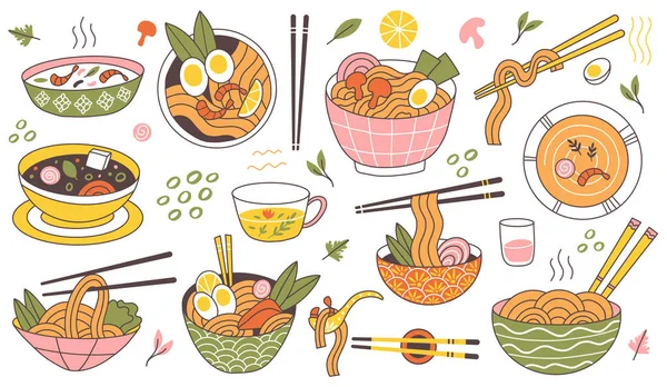 Doodle ramen noodles traditional asian food bowls. Japanese cuisine noodle soup, delicious noodles in meat broth vector illustration. Oriental food ramen bowls — Stock Vector