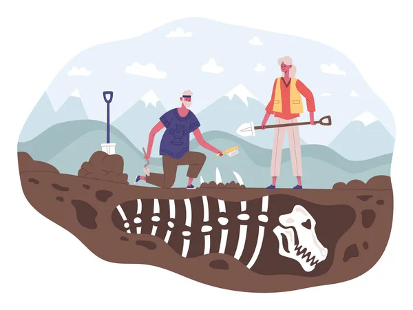 考古学者の文字を発見し、発掘し、採掘し、研究.考古学者は恐竜の骨格化石ベクトル図を発見 — ストックベクタ
