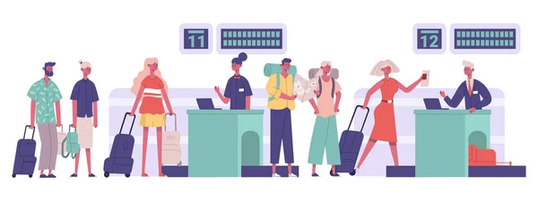 Groupe de touristes, passagers voyageurs enregistrement des bagages à l'aéroport. Des gens marchent dans l'aéroport détection de sécurité illustration vectorielle. Concept d'aéroport de voyage — Image vectorielle