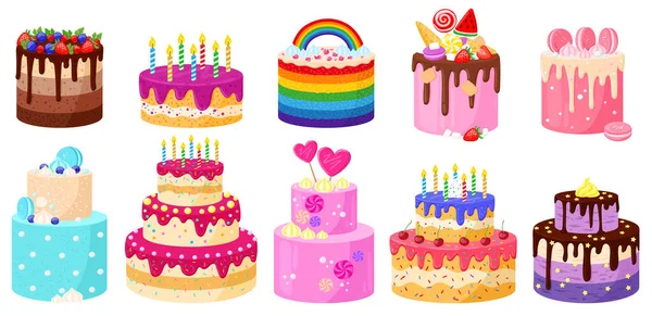 Dibujos animados cumpleaños fiesta fiesta celebración deliciosos pasteles. Feliz cumpleaños chocolate y velas de fresa pasteles vector conjunto de ilustración. Los postres adornados cumpleaños — Vector de stock