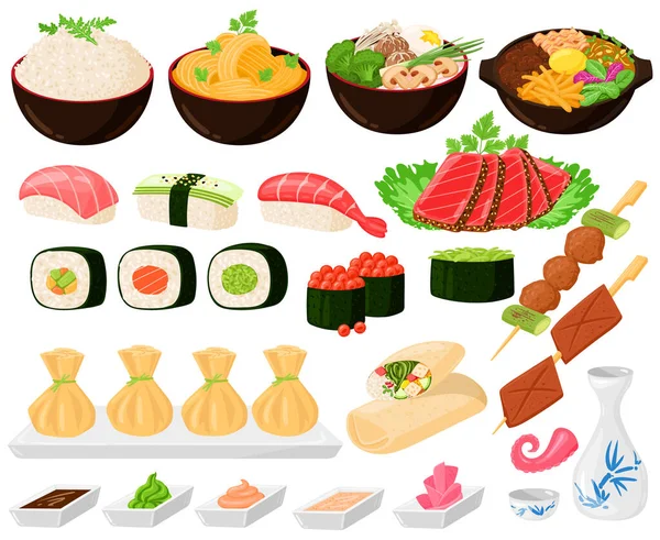 Γελοιογραφία ασιατική παραδοσιακή κορεατική, ιαπωνική, κινέζικο φαγητό. Ασιατικό street food, noodles sushi sashimi ramen ντάμπλινγκς διάνυσμα εικονογράφηση σετ. Ασιατική ασιατική κουζίνα πιάτα — Διανυσματικό Αρχείο
