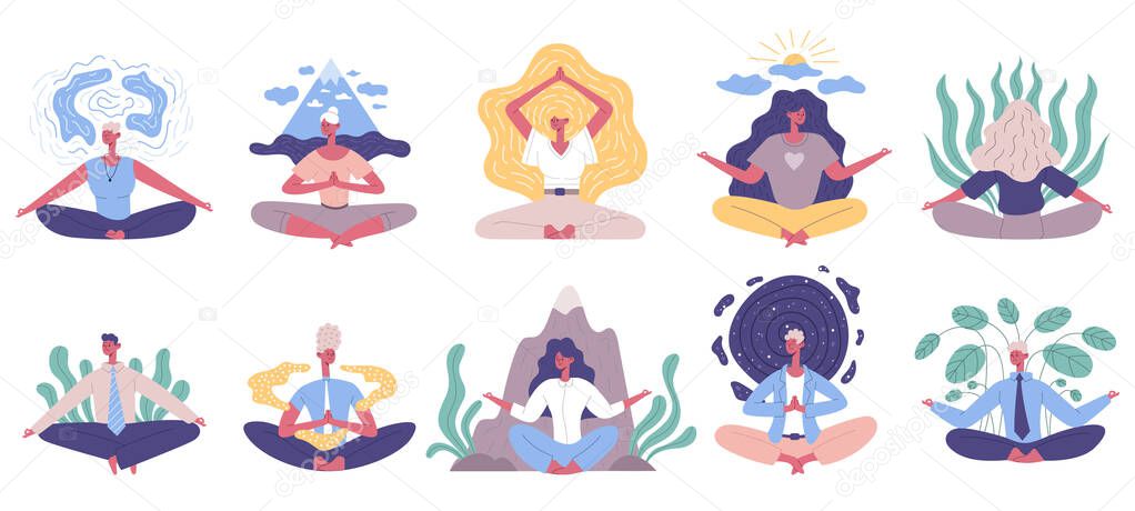 Meditating yoga lotus pose calm tranquil people. Exercising, meditating practicing yoga characters vector illustration set. Mental health meditation practice