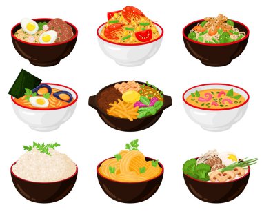 Geleneksel Asya erişteleri, tava, çorba kaseleri. Japon sobası, udon, erişte çorbası kaseleri ve yemek çubukları vektör illüstrasyon seti. Geleneksel Kore mutfağı, Japon mutfağı