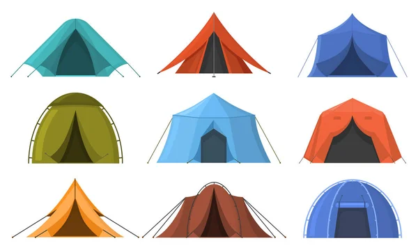 Aventura ao ar livre camping tendas de dormir turístico. Caminhadas, viajar lazer turismo resto tendas vetor ilustração conjunto. Alojamento ao ar livre tendas de acampamento — Vetor de Stock