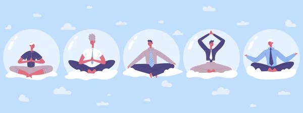 Pessoas de negócios ioga meditação abstrata céu praticando. Trabalhadores de escritório relaxar em lótus posição vetor ilustração. Meditando pessoas de escritório —  Vetores de Stock