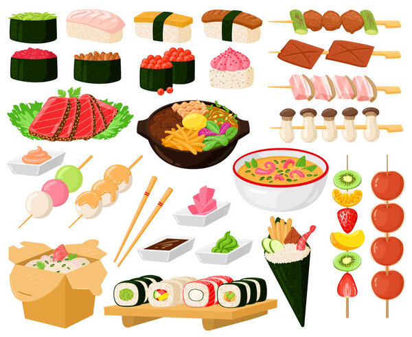 Карикатура восточной азиатской кухни уличные блюда вкусные блюда. Японская еда, лапша, сашими, суши из морепродуктов векторные иллюстрации. Вкусная китайская или японская еда