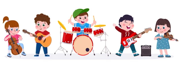 Banda de música para niños de dibujos animados tocando instrumentos musicales. Niños cantando, tocando guitarra, batería e ilustración de vectores de violín. Orquesta infantil — Vector de stock