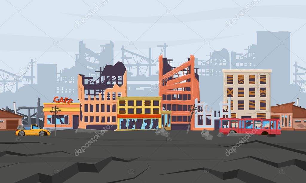 Ruined abandoned broken natural disasters district panorama. Earthquake disaster destroyed houses and city buildings vector illustration. Cataclysm destroyed street view