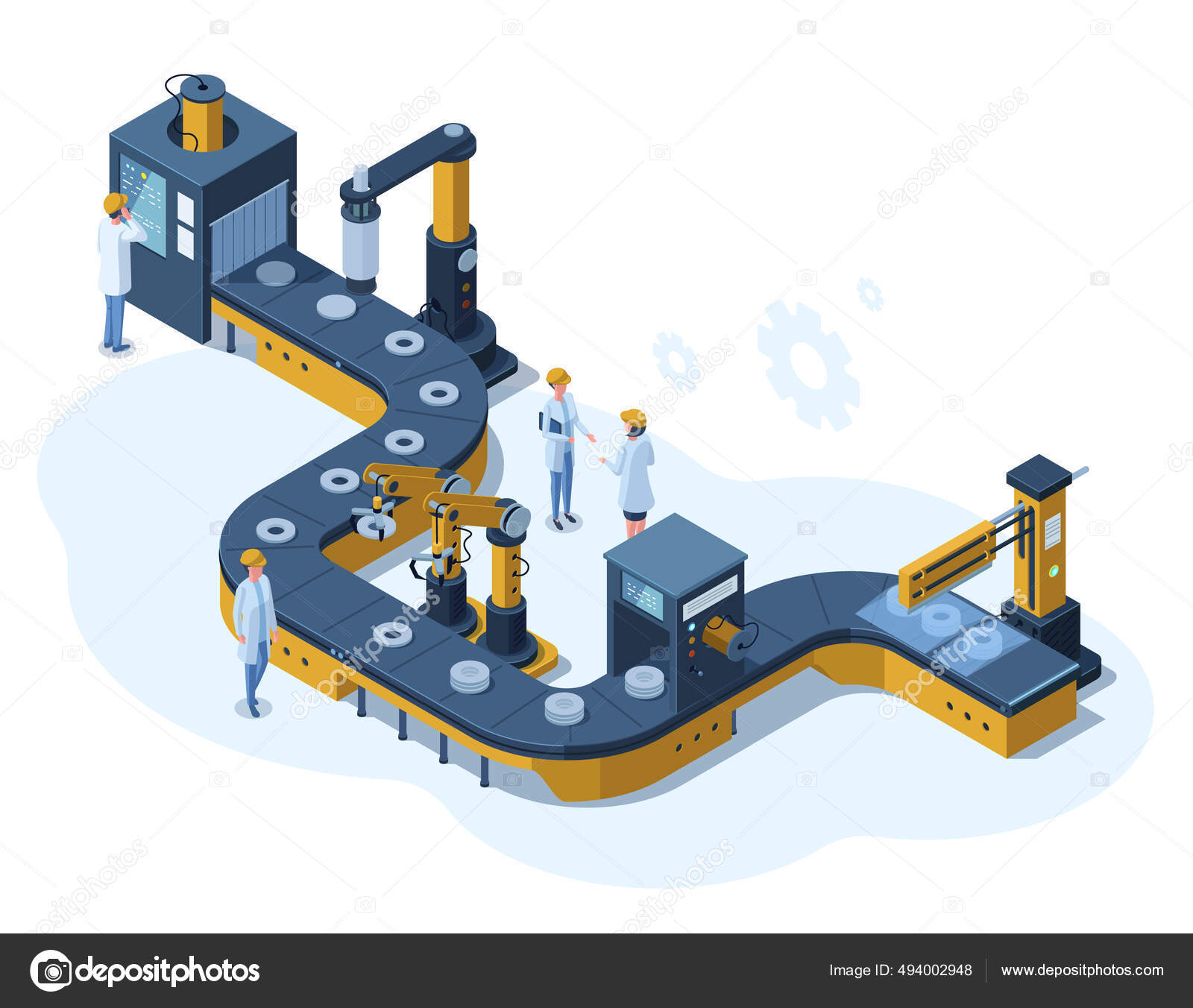 アイソメトリックファクトリー自動化されたコンベアライン。産業用自動ロボットコンベア、生産3Dラインベクトルイラスト。電子工場組立ライン  ストックベクター ©winwin.artlab@gmail.com 494002948